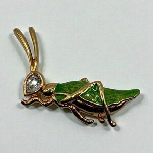 Vintage Swarovski Signed Swan Green Enamel Gold-Tone Grasshopper Brooch